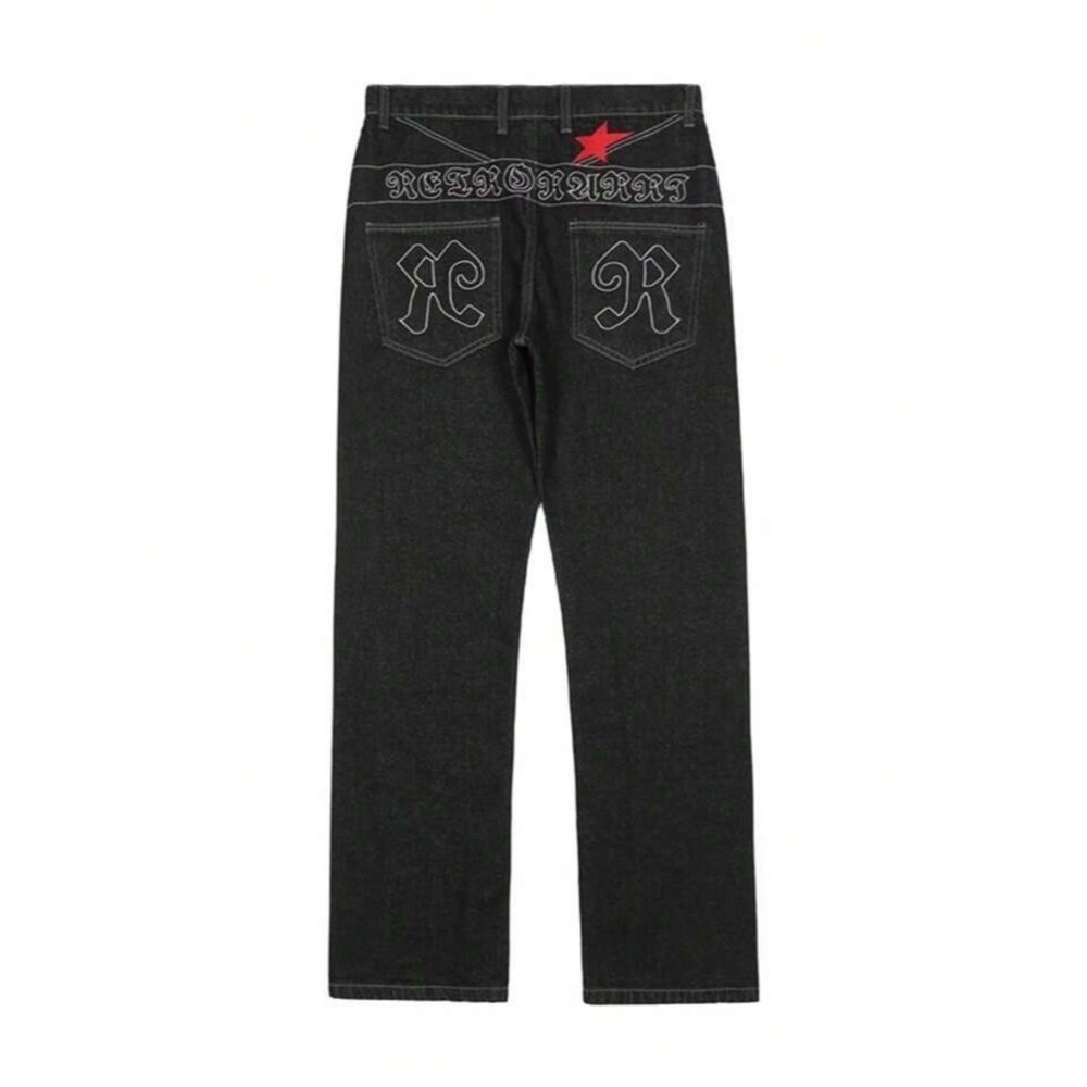 Chic Star Letter Embroidery Black Straight Jeans Streetwear Y2k Mens XS 30